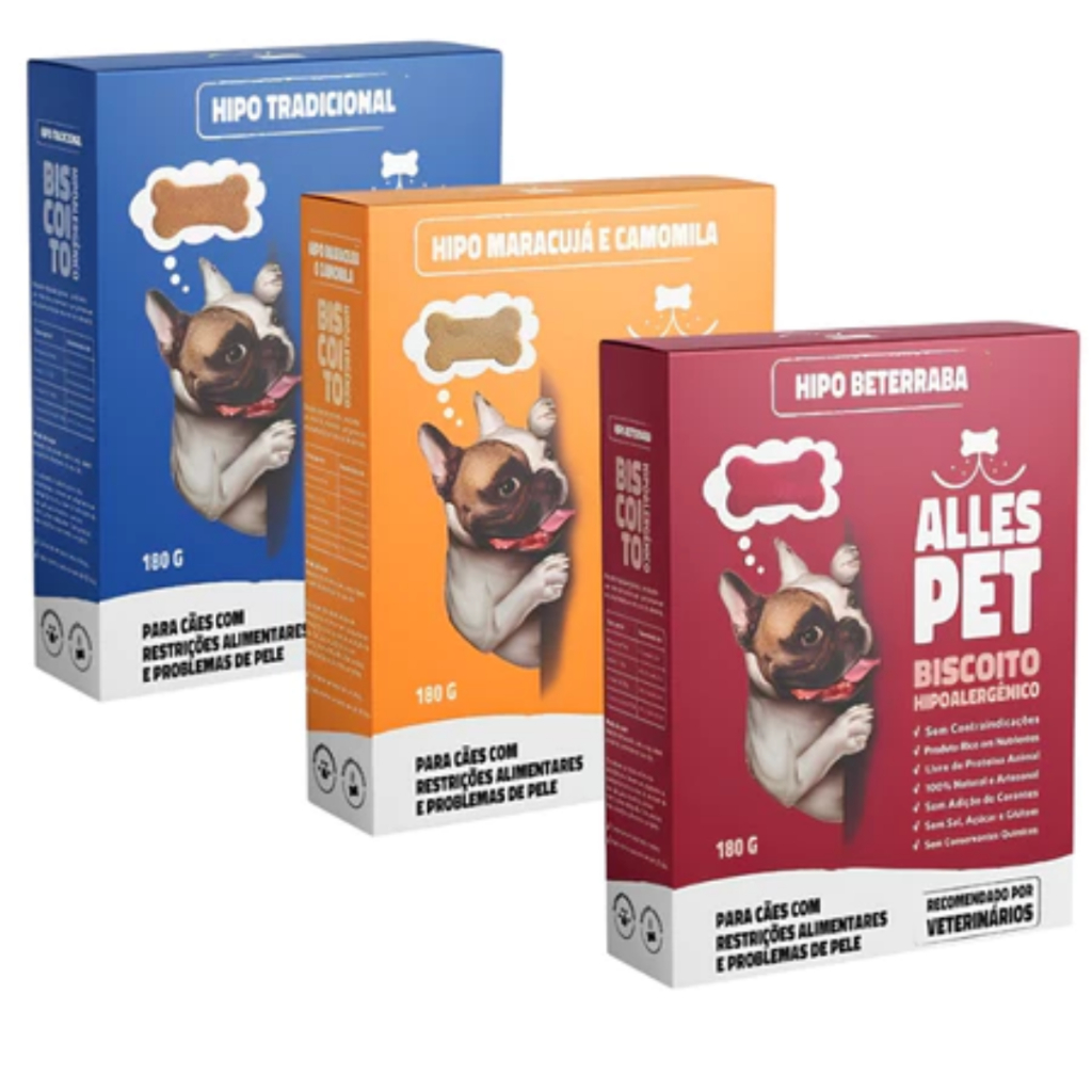 Biscoito Hipoalergênico Petisco Recompensa para Cães Alles Pet Tradicional, Beterraba e Maracujá e Camomila 180g