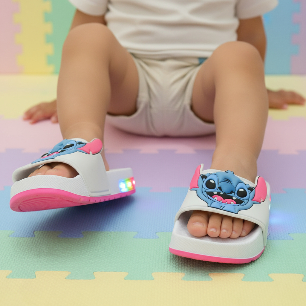 Slide Stitch Infantil LED – Chinelinho Macio e Colorido, Luz Que Pisca ao Andar
