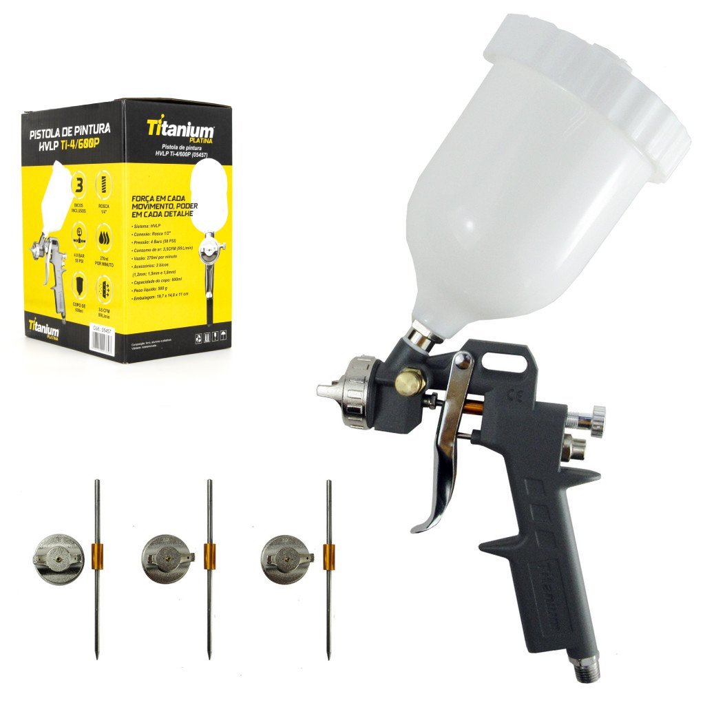 Kit Pistola de Pintura HVLP com Bicos 1,2mm / 1,5mm / 1,8mm por Gravidade – Titanium Platina em Oferta na Shopee