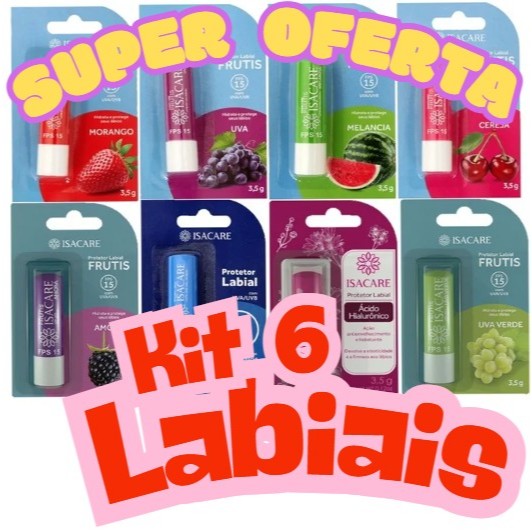 ISACARE - Kit 06 Unidades de Protetor Labial FPS 15 3,5g - Escolha o Sabor