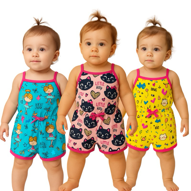 kit de macaquinho bebê menina macacão  infantil  estampado verão em Oferta na Shopee