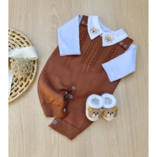 Saída de Maternidade Menino Jardineira Madrid marrom Urso Tricot 3 Peças em Oferta na Shopee