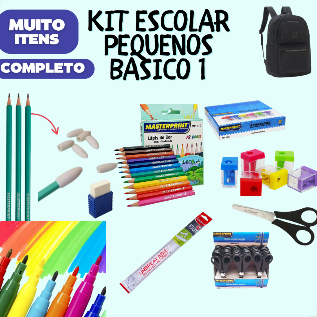 Kit Material Escolar Básico 1 Completo | Lápis e Canetas | Itens Essenciais para Escola e Estudos