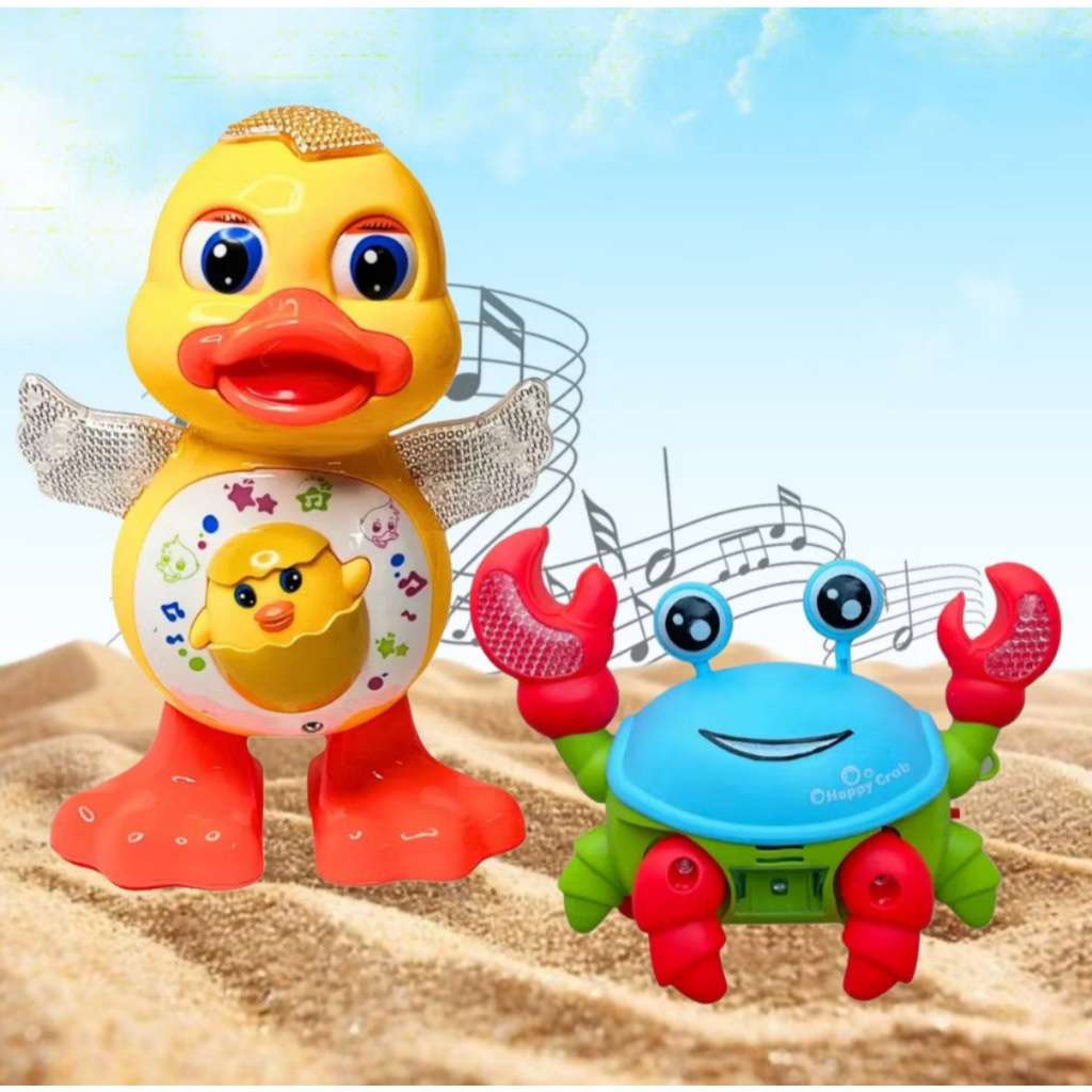 Kit Pato Caranguejo Fujão Patinho Brinquedo Dançante Musical Dançarino Anda Mexe com Luz Som Sensor