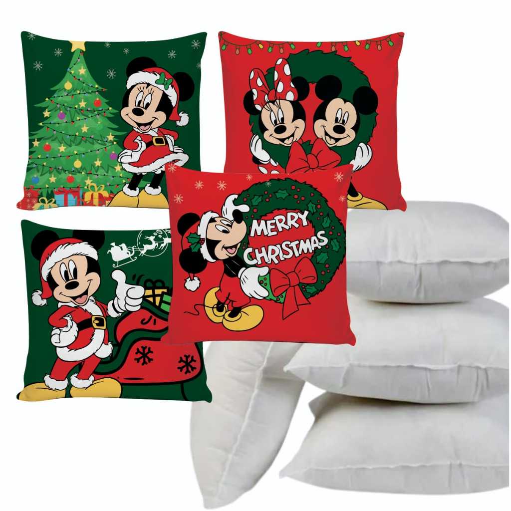 Kit 4 Almofada Cheia de Silicone Minnie Mickey de Natal Sala Decorativas Zíper 0.45x0.45 Fofinha