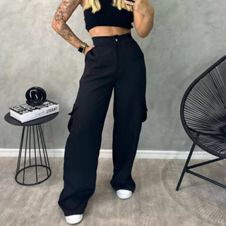 Calça Cargo Alfaiataria Feminina Pantalona WideLeg com Bolsos Laterais em Oferta na Shopee