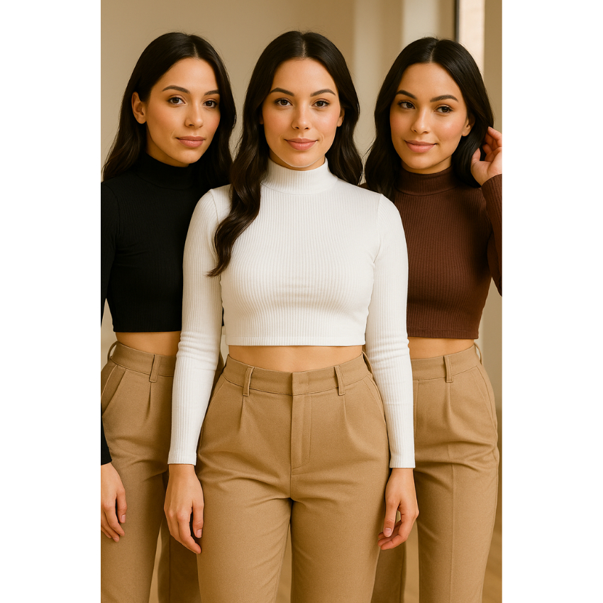 Blusa Cropped Gola Alta  Manga Longa Camiseta Feminina Gola Alta Canelada Com Manga P Ao GG