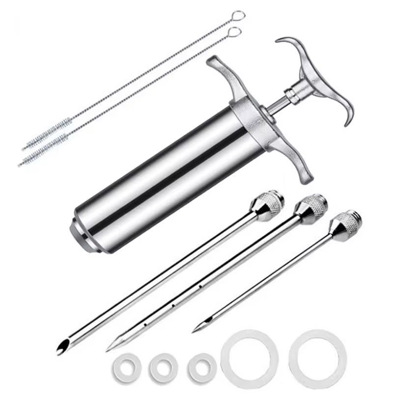 Seringa Injetora de Tempero Molho Kit Completo 3 Agulhas Aço Inox Para Carnes Aves Peixes Profissional