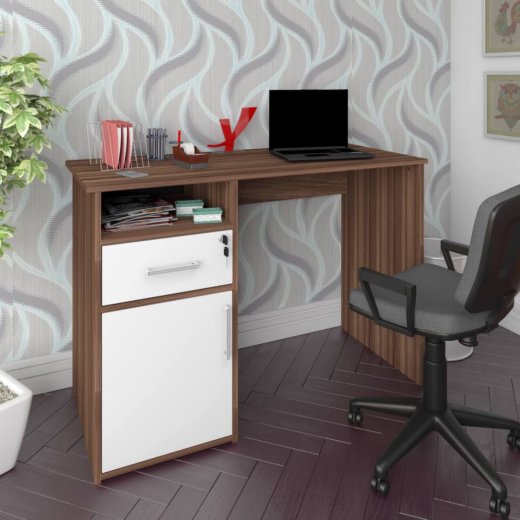 Mesa Escrivaninha para Notebook Home Office Pé Pedestal Hall Ipê com Branco - Artany Móveis