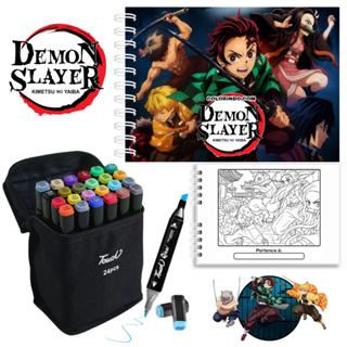 Kit Livro de Colorir Demon Slayer Capa Dura + Jogo de Canetinhas 24/36/48/60 Cores em Oferta na Shopee