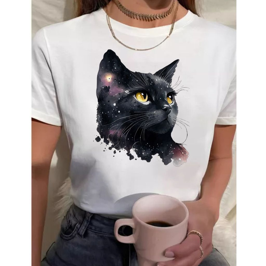 Camiseta Feminina Estampa Gato Casual Algodão Moda Feminina + Brinde