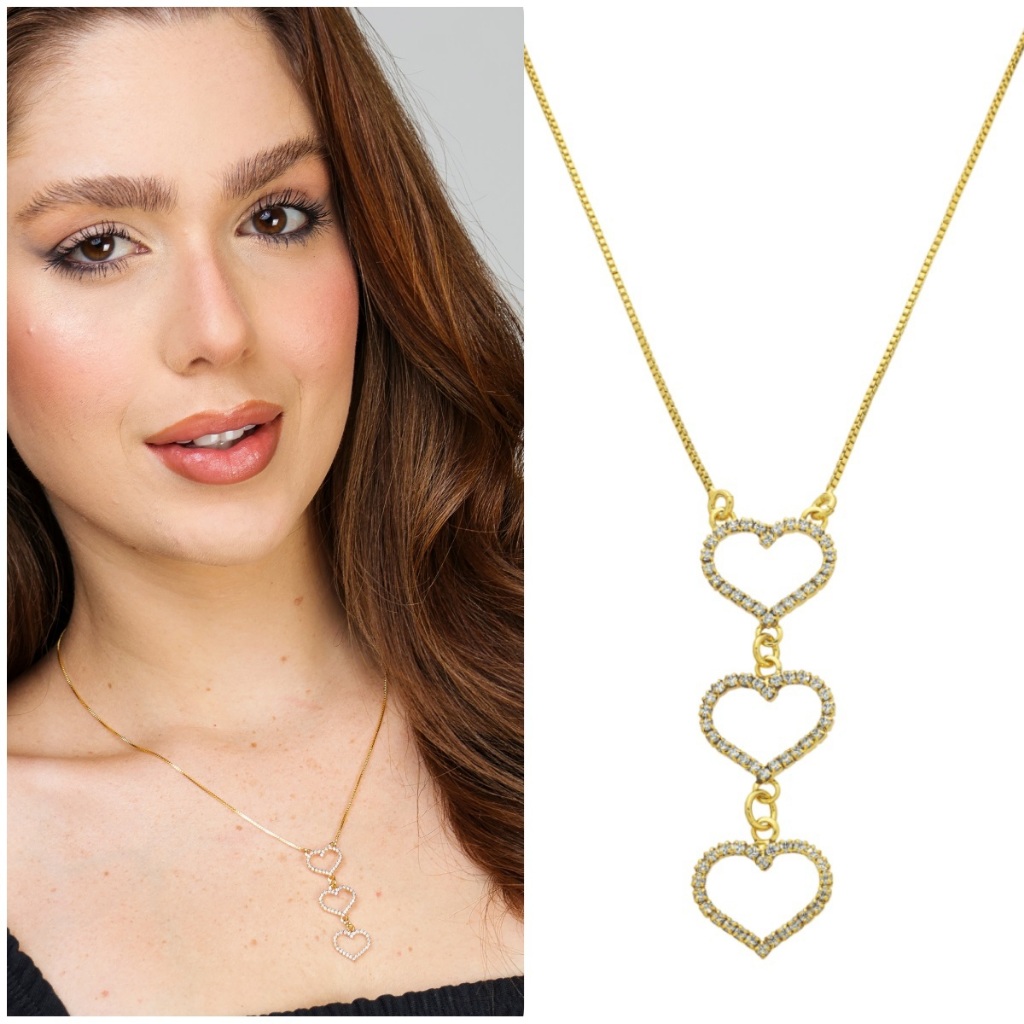 Colar Corrente Cordao Gargantilha Feminino Com Pingentes Trio Coração Cravejado Banhado a Ouro 18K