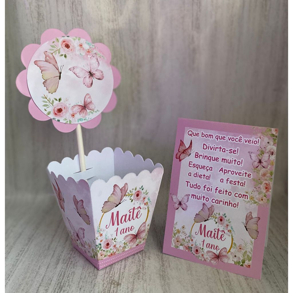 Kit Centro de mesa Borboleta Rosa Personalizado com Nome | Cachepot Festa Infantil Chá Aniversário Decoração Jardim