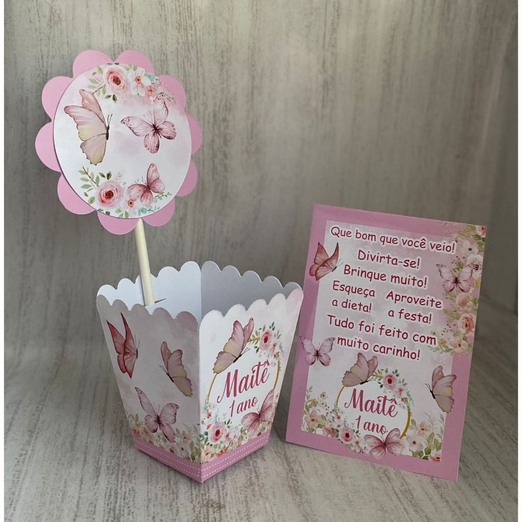 Kit Centro de mesa Borboleta Rosa Claro Jardim Borboleta Personalizado |Enfeite Cachepô|Decoração Plaquinha Aniversário