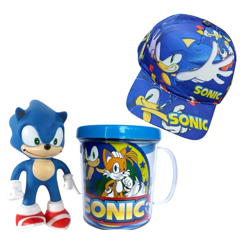 Kit Sonic Boneco + Boné + Caneca Presente Infantil Completo Personagem Sonic