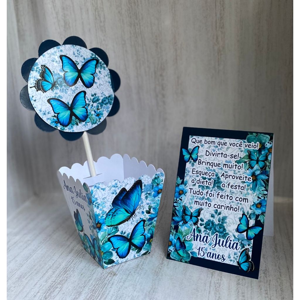 Kit Centro de mesa Borboleta Azul Personalizado com Nome | Cachepot Festa Infantil Chá Aniversário Decoração Jardim