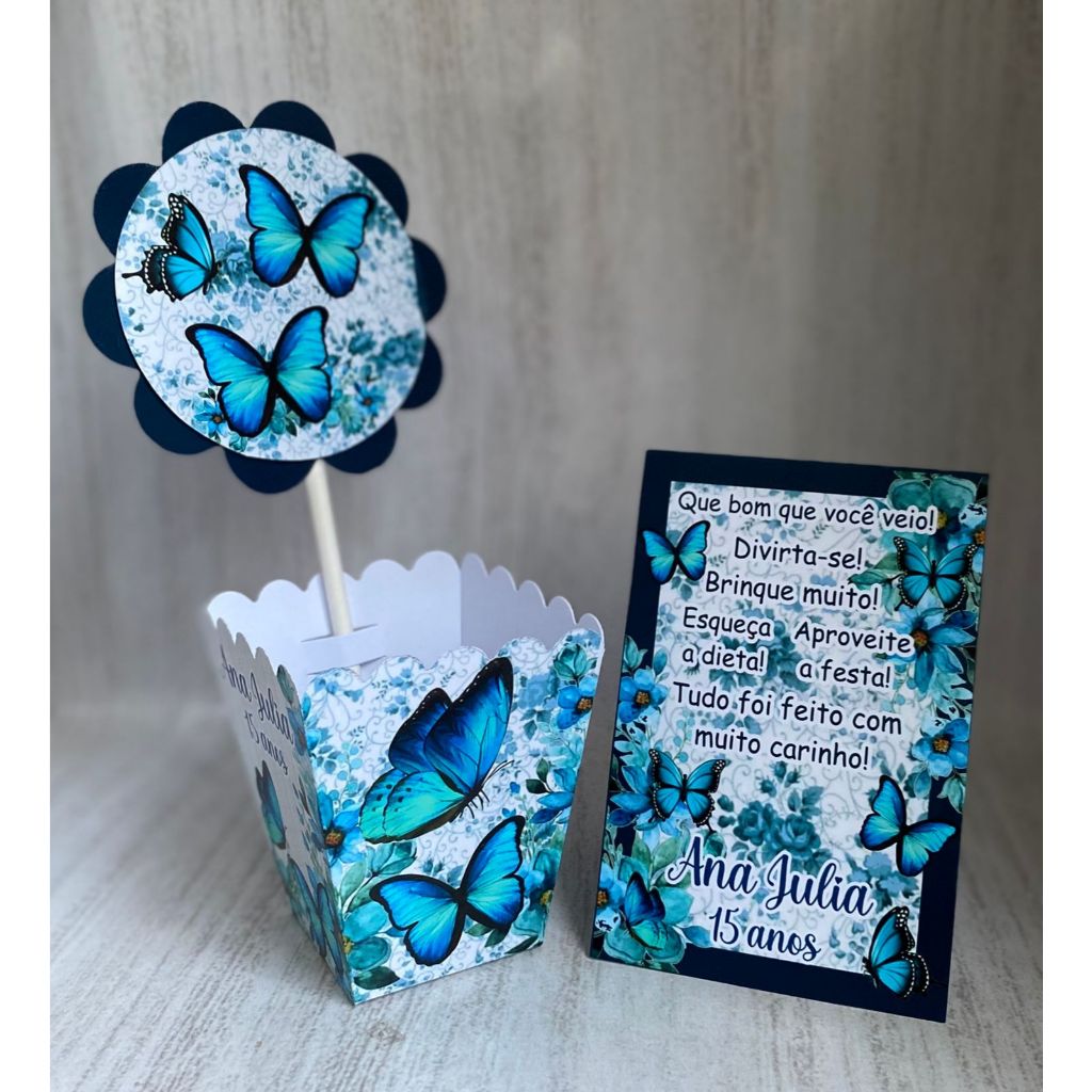 Kit Centro de mesa Borboleta Azul Marinho Jardim Borboleta Personalizado|Enfeite Cachepô|Decoração Plaquinha Aniversário