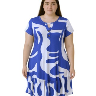 Vestido Azul com Branco   Mídi Feminino  com Babado  Romantic Estampa Variavel  Plus Size com Mangas  – Tamanhos M ao G3 em Oferta na Shopee