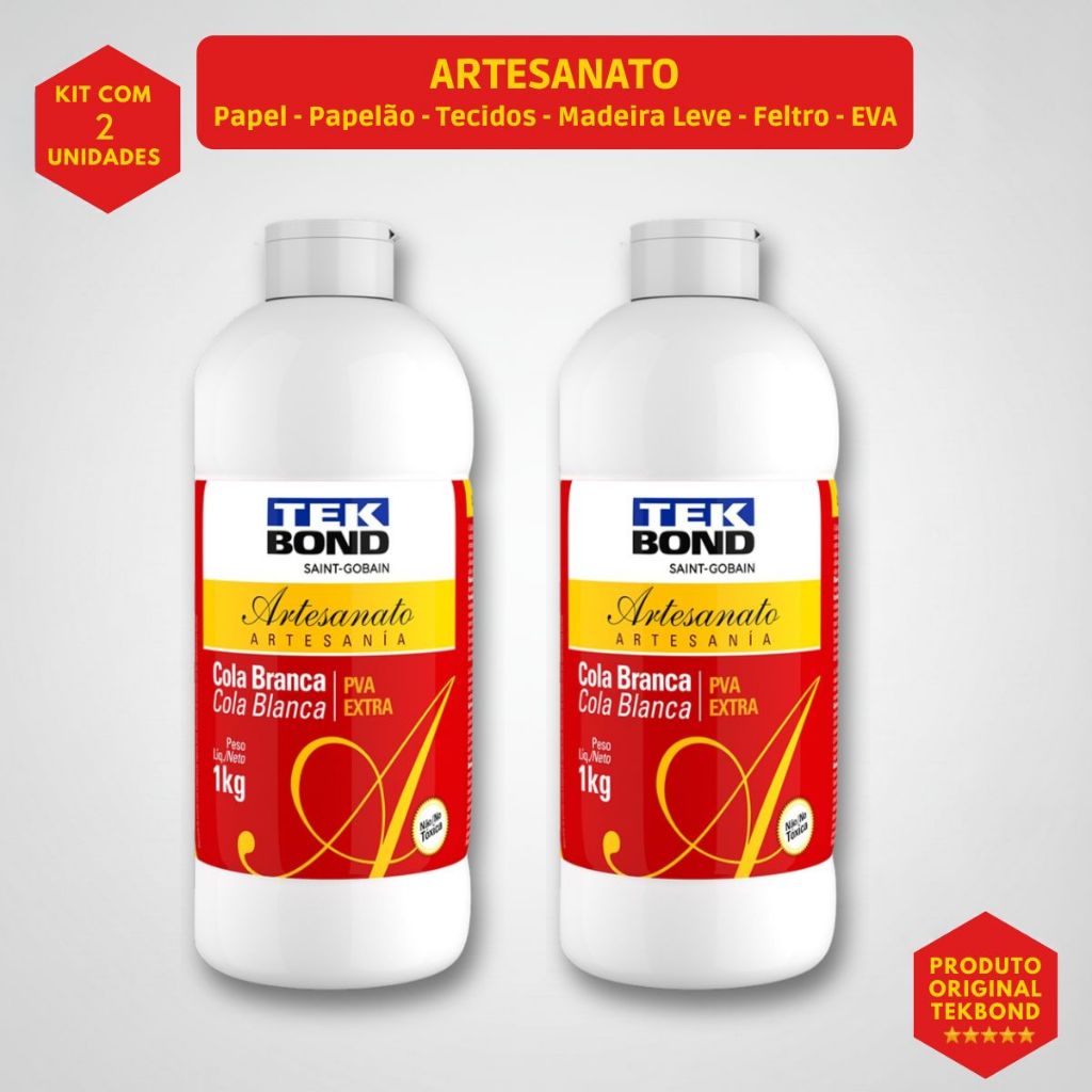 Kit 2 - Cola Branca Artesanato Tek Bond 1kg Artesanato, Madeira, EVA, Cortiça, Isopor, Cartolina