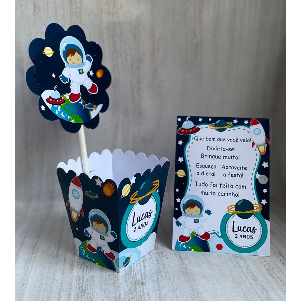 Kit Centro de mesa Astronauta Baby Azul Personalizado com Nome | Cachepot Festa Infantil Aniversário Chá
