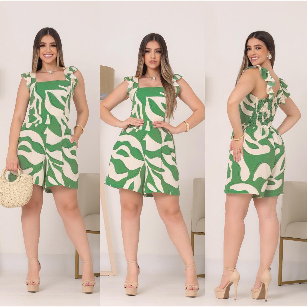 Macaquinho Feminino Macacão Curto Forrado Casual  De Tecido Duna Verão Com Bolso Manga Babado Liso Promoção