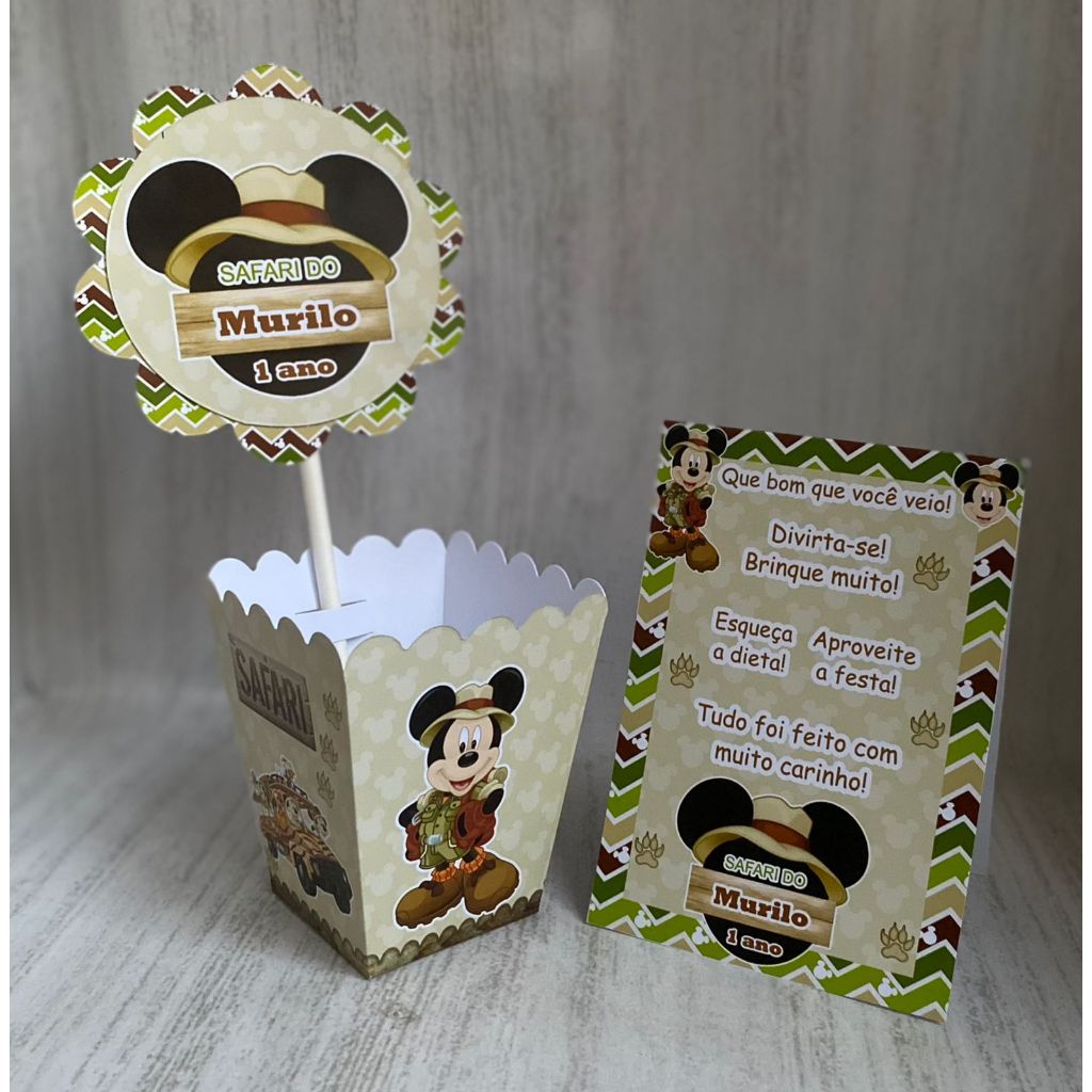 Kit Centro de mesa Mickey Safari Personalizado com Nome| Cachepot Festa Infantil Chá Aniversário