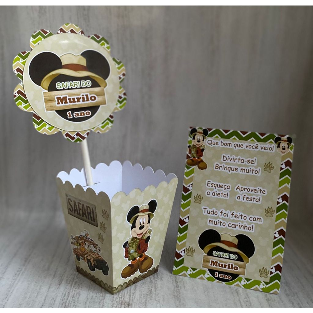 Kit Centro de mesa Mickey Mouse Safari Personalizado com Nome | Cachepot Festa Infantil Aniversário Chá