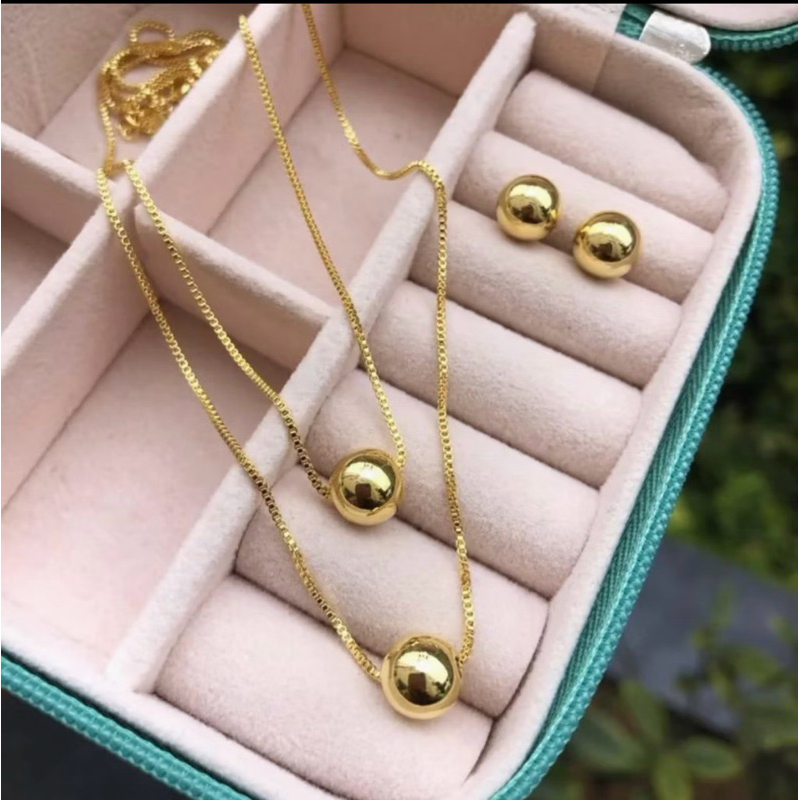 Conjunto cordão duplo colar e brinco bolinha esfera folheado a prata 925, folheado a ouro 18k e pérola