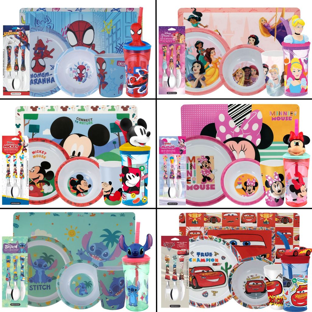Kit Talher + Prato + Bowl + Copo + Garrafinha + Jogo Americano Infantil Disney Plástico BPA Free em Oferta na Shopee