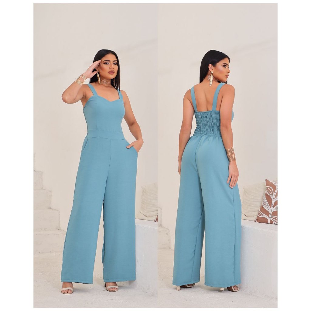 Macacão Feminino Longo com Bolso Lateral Lastex nas Costas Alça Grossa Elegante em Oferta na Shopee