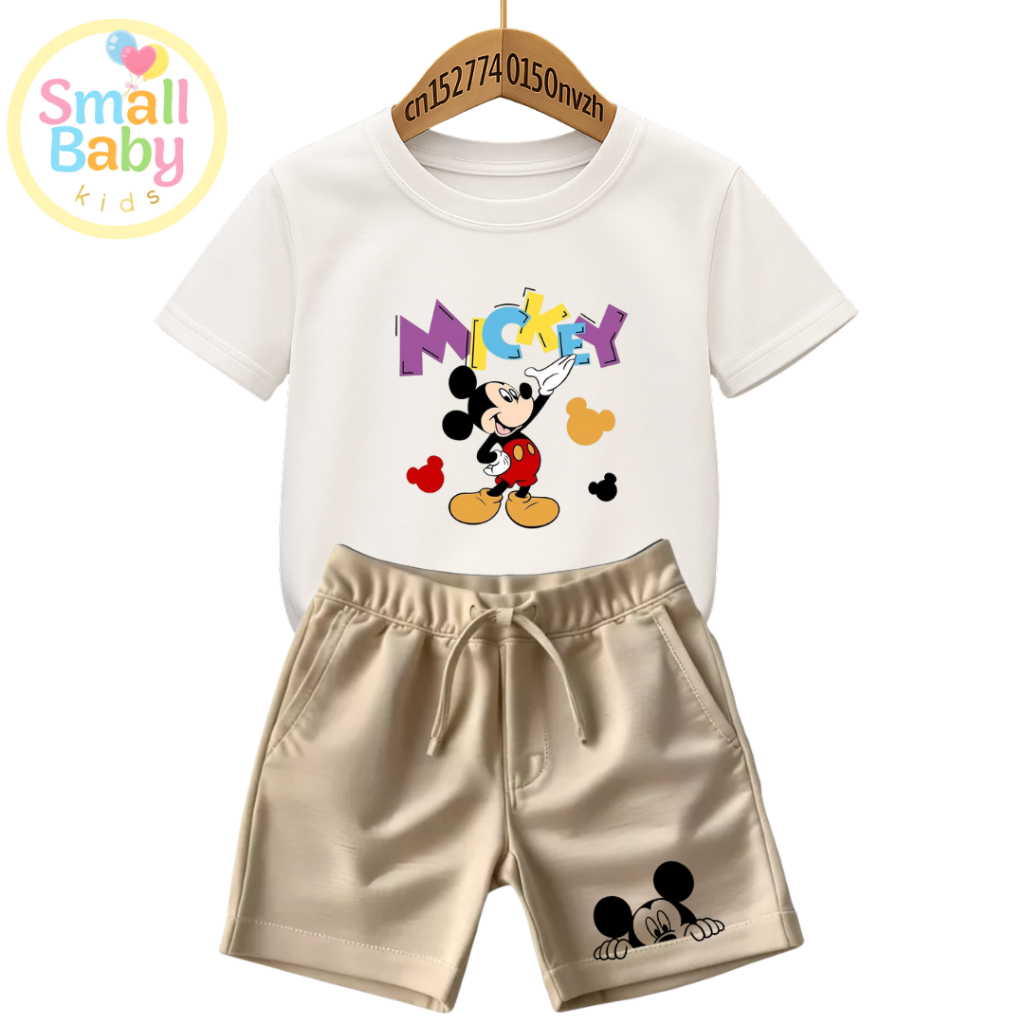 Conjunto Infantil Camiseta e Short Moletinho Mickey Colorido Mousse Estampado Tendência Minimalista