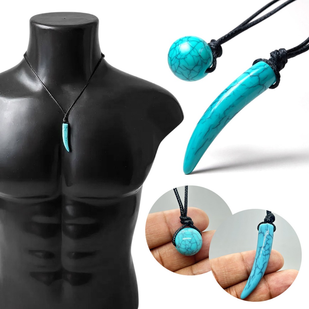 Colar Cordão Encerado Pedra Azul Turquesa Sintética Dente de Sabre Leão Bola Bolinha Esfera Lazuli Unissex Artesanal