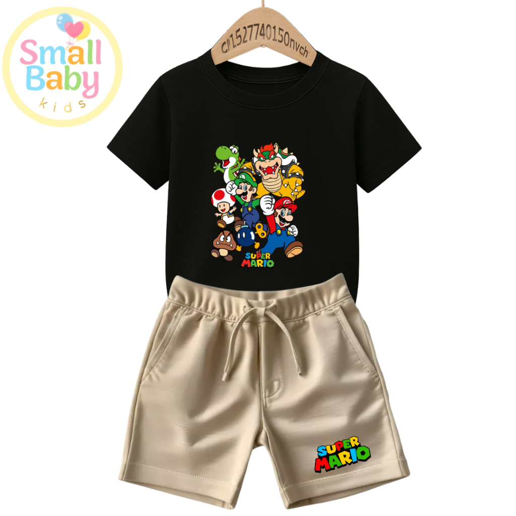 Conjunto Infantil Camiseta e Short Moletinho Estampado Super Mario Bross Tendência Minimalista