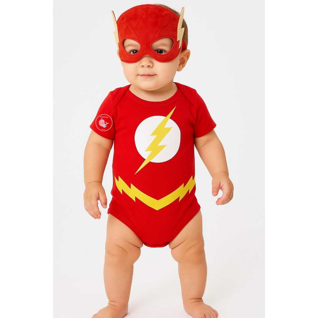 body flash bebê fantasia infantil super herói roupa festa flash mascara