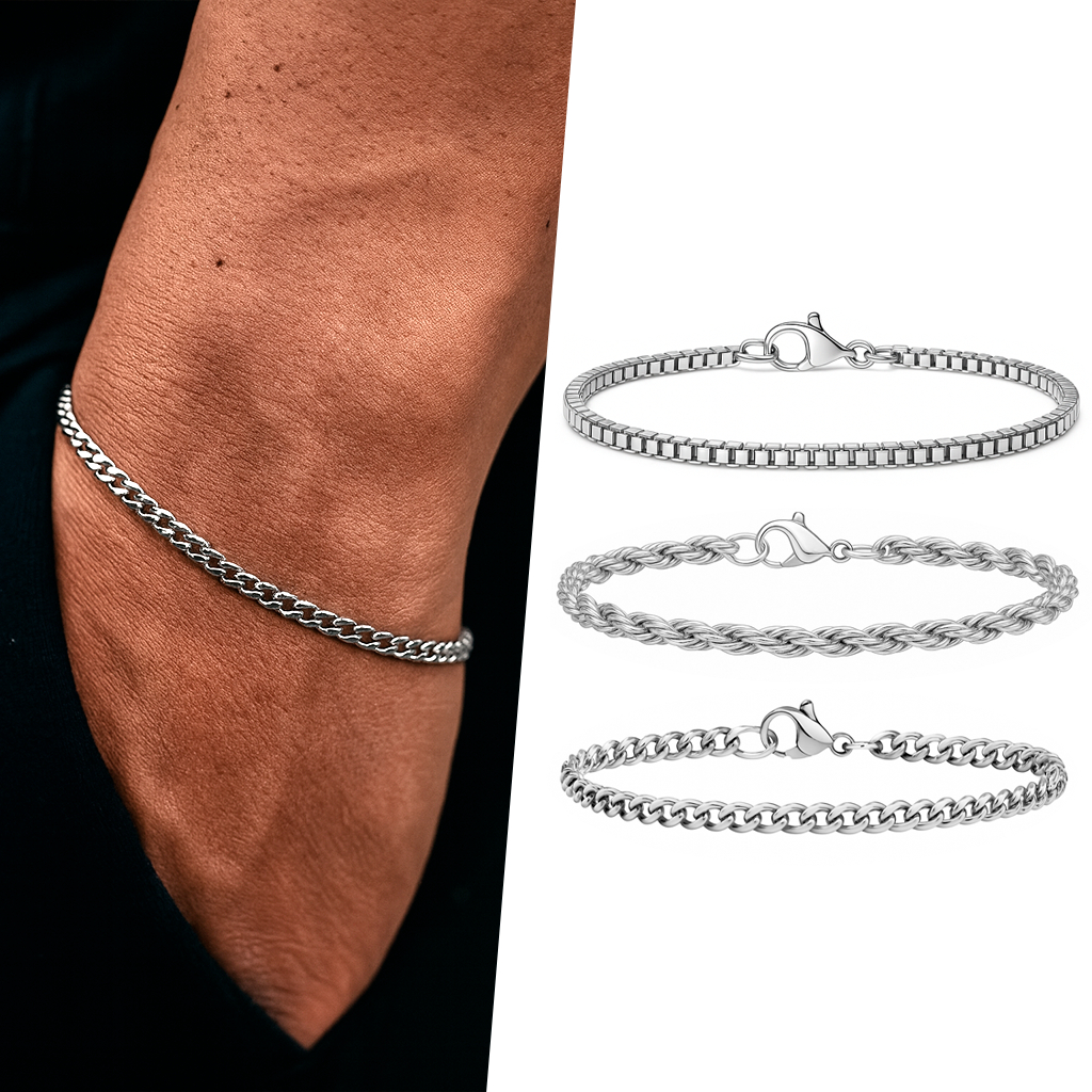 Pulseira Masculina Prata de Aço Inoxidável 20cm Elo Grumet Italiano Fina 3mm