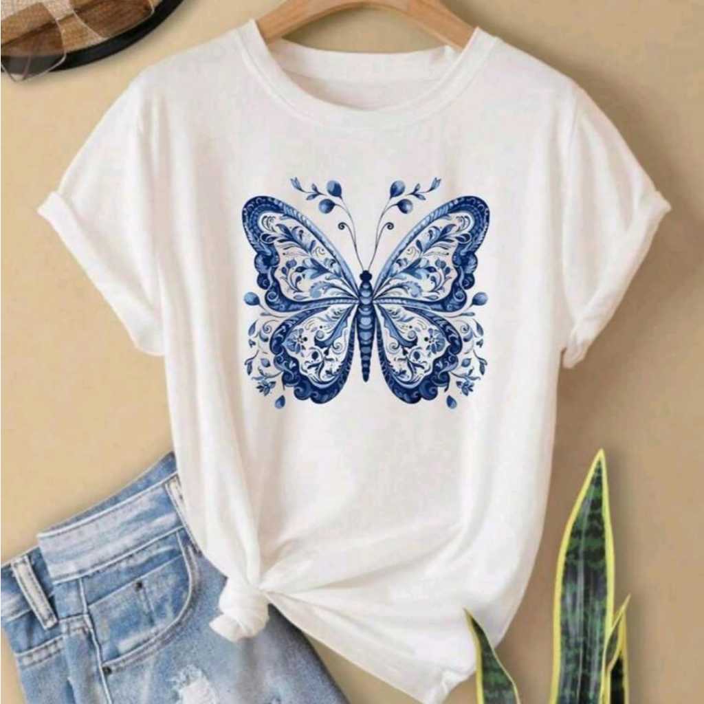Blusa Feminina Casual Algodão Tshirt Camiseta Feminina Borboleta Azul Estampada Confortável