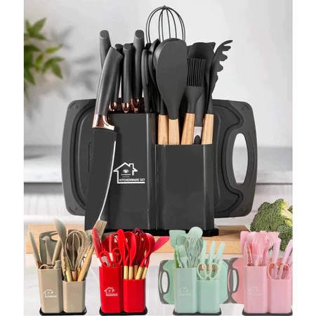 Kit Completo Jogo Utensílios de Cozinha Luxo 19 Peças Com Tábua em Silicone Espátula Faca Tesoura R9