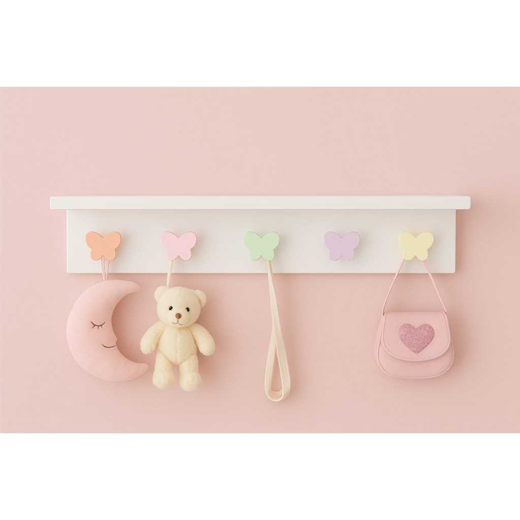 Cabideiro e Pendurador quarto Infantil com prateleira 5 pinos borboleta - 60x10 em Oferta na Shopee