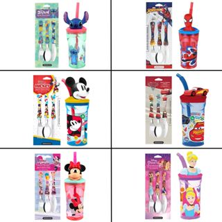 Kit Talher + Garrafinha com Canudo Disney BPA Free Carros Minnie Mickey Stitch em Oferta na Shopee
