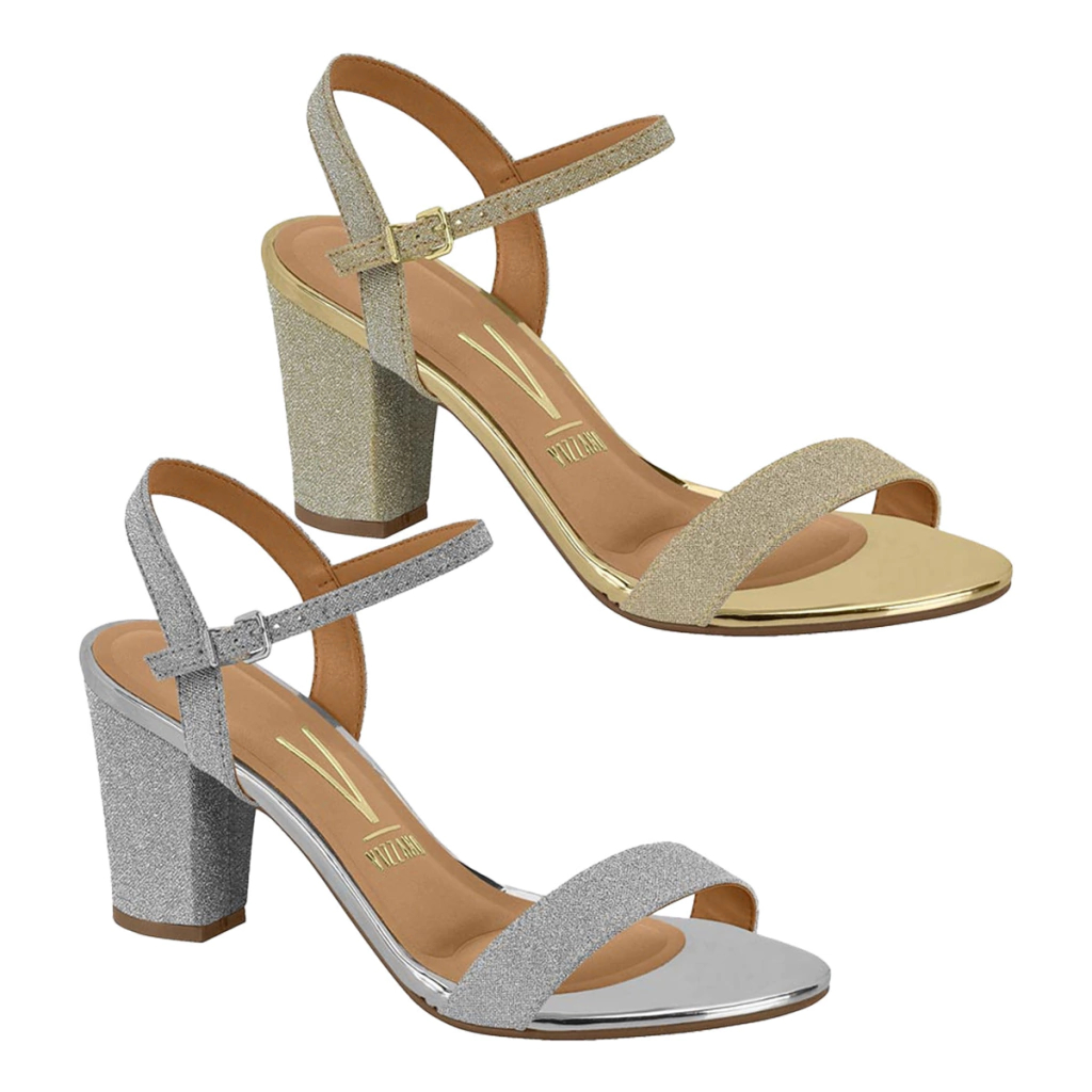 Sandália Feminina Vizzano Original Salto Quadrado Afivelada Com Glitter Festa Evento Formatura Casamento Réveillon