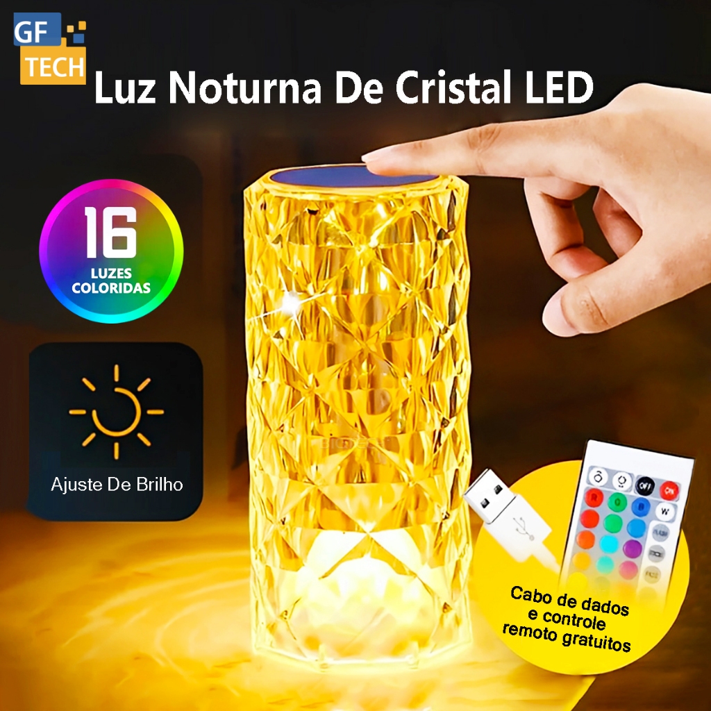 Luminária De Mesa Cristal Diamante Com Controle Remoto E Toque 16 Cores Recarregável Para Quarto em Oferta na Shopee