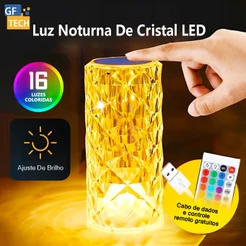 Luminária De Mesa Cristal Diamante Com Controle Remoto E Toque 16 Cores Recarregável Para Quarto
