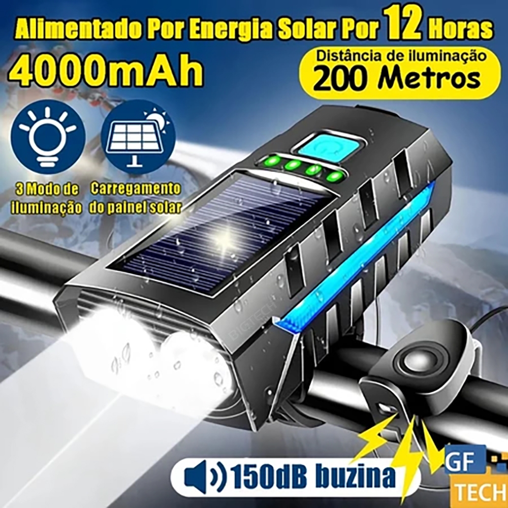 Lanterna Bike Solar Com Buzina E Power Bank 12H Recarregável À Prova D'Água Farol Para Bicicleta em Oferta na Shopee
