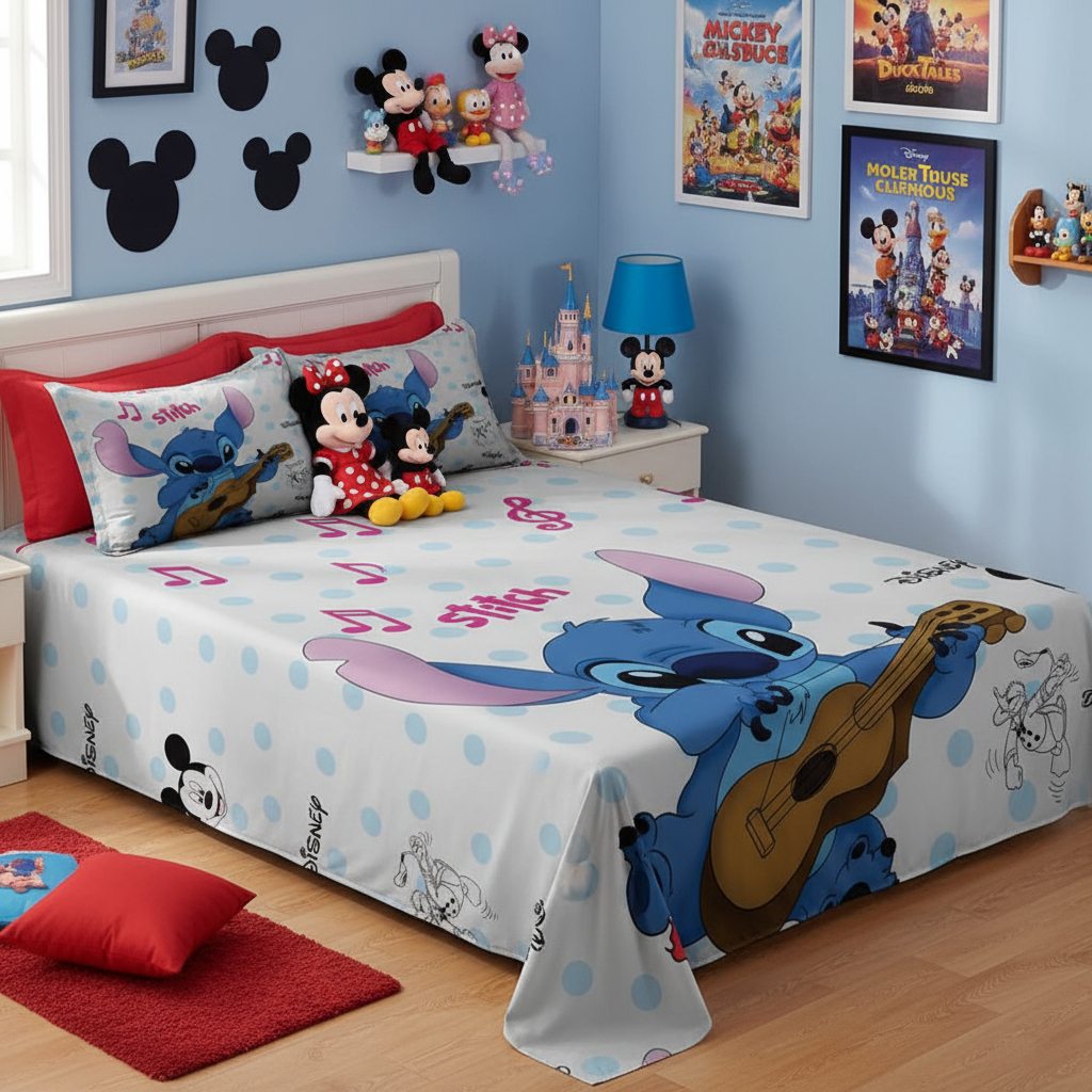 Lençol Casal de Personagem Stitch sem elástico 3 Peças COR:LCC 40 | Jogo de Cama Colcha Infantil