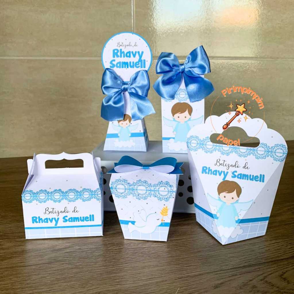 Caixinhas Personalizadas BATIZADO AZUL - Pegue e Monte - festa lembrancinha aniversário infantil