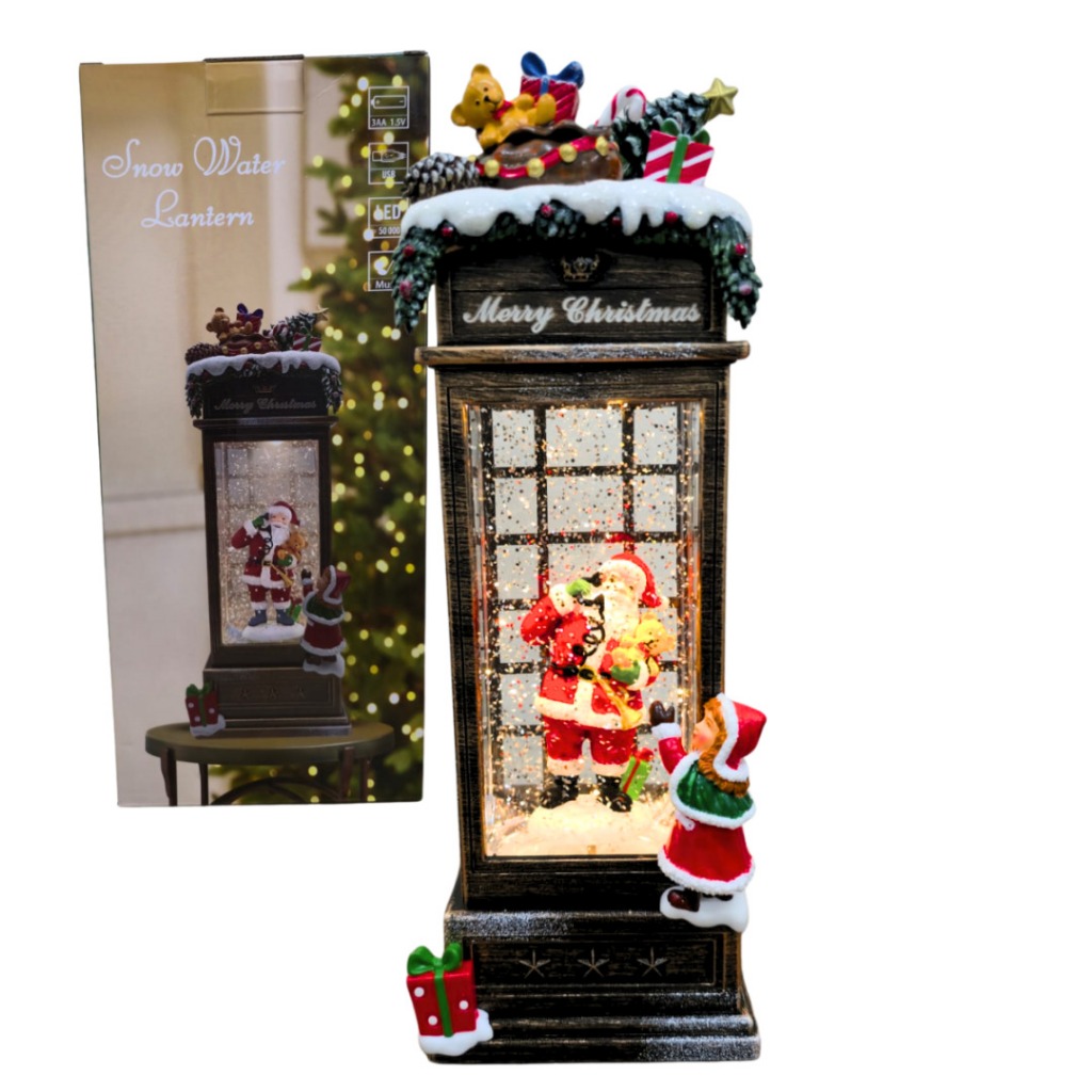 Globo De Neve Natalino Lanterna Papai Noel Luz Led Música Cabine Telefônica Ornamento Presente