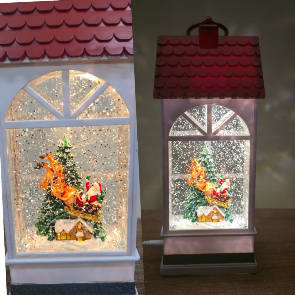 Lanterna Decorativa Globo de Neve com Música e Luz LED Casinha Papai Noel Ornamentação