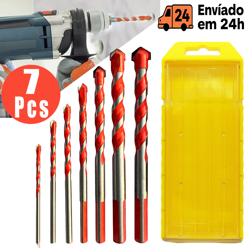 Kit 7 Brocas Profissionais de Tungstênio 3/4/5/6/8/10/12 mm-Para Vidro, Cerâmica, Concreto e Metal