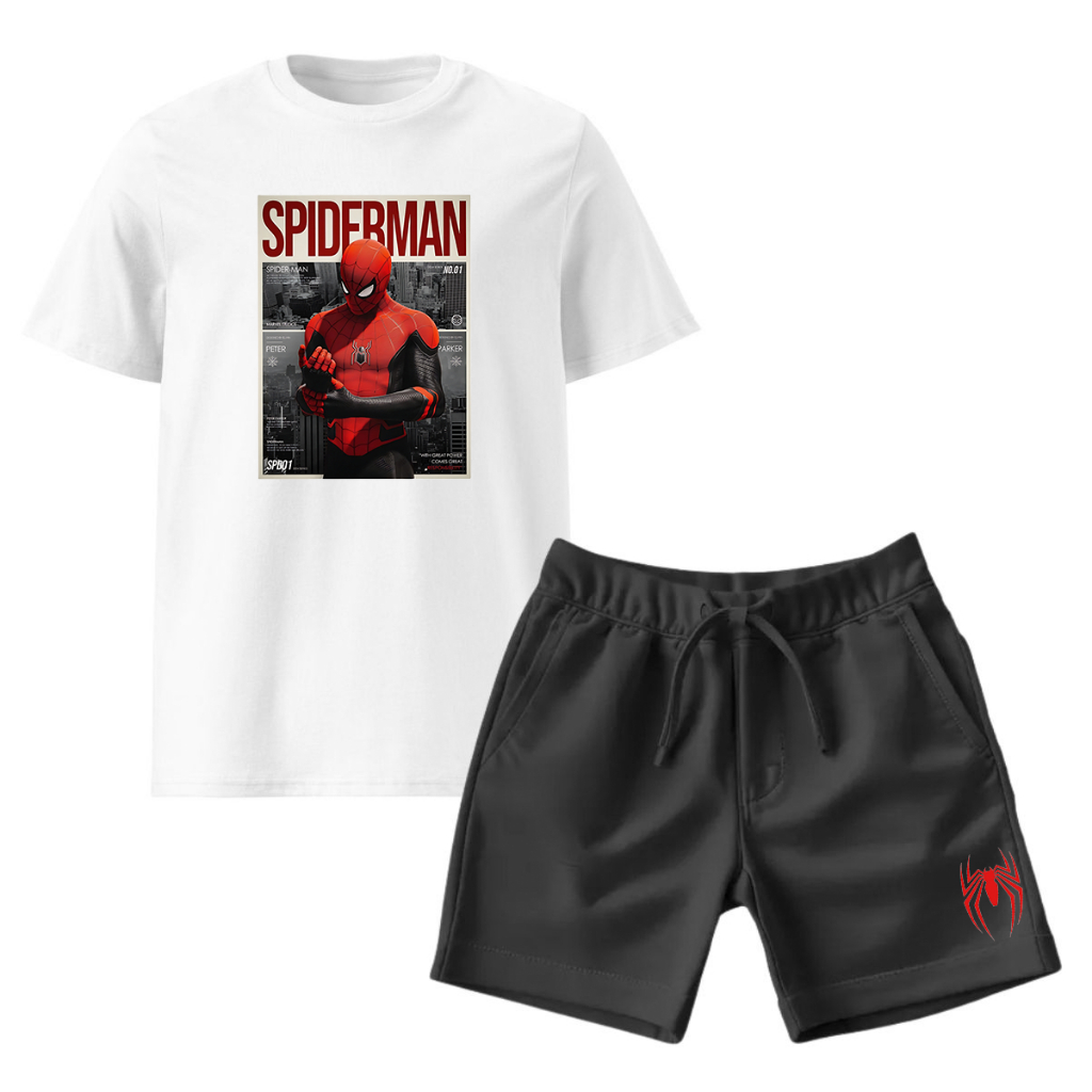 Kit Infantil 2 Peças Com 1 Camiseta e 1 Short Spider Man Conjunto SpiderMan Homem Aranha Bermuda Moletom Camisa Infantil