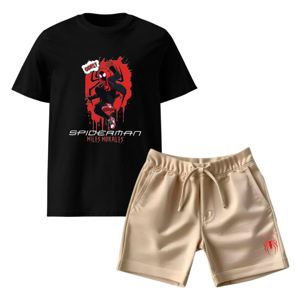 Kit Infantil 2 Peças Com 1 Camiseta e 1 Short SpiderMan Morales Conjunto Homem Aranha Bermuda Moletom Camisa Infantil